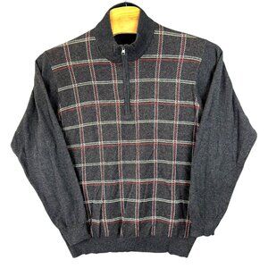 Greg Norman Pullover Sweater Mens XL Gray Plaid  Merino Wool Cotton Long Sleeve